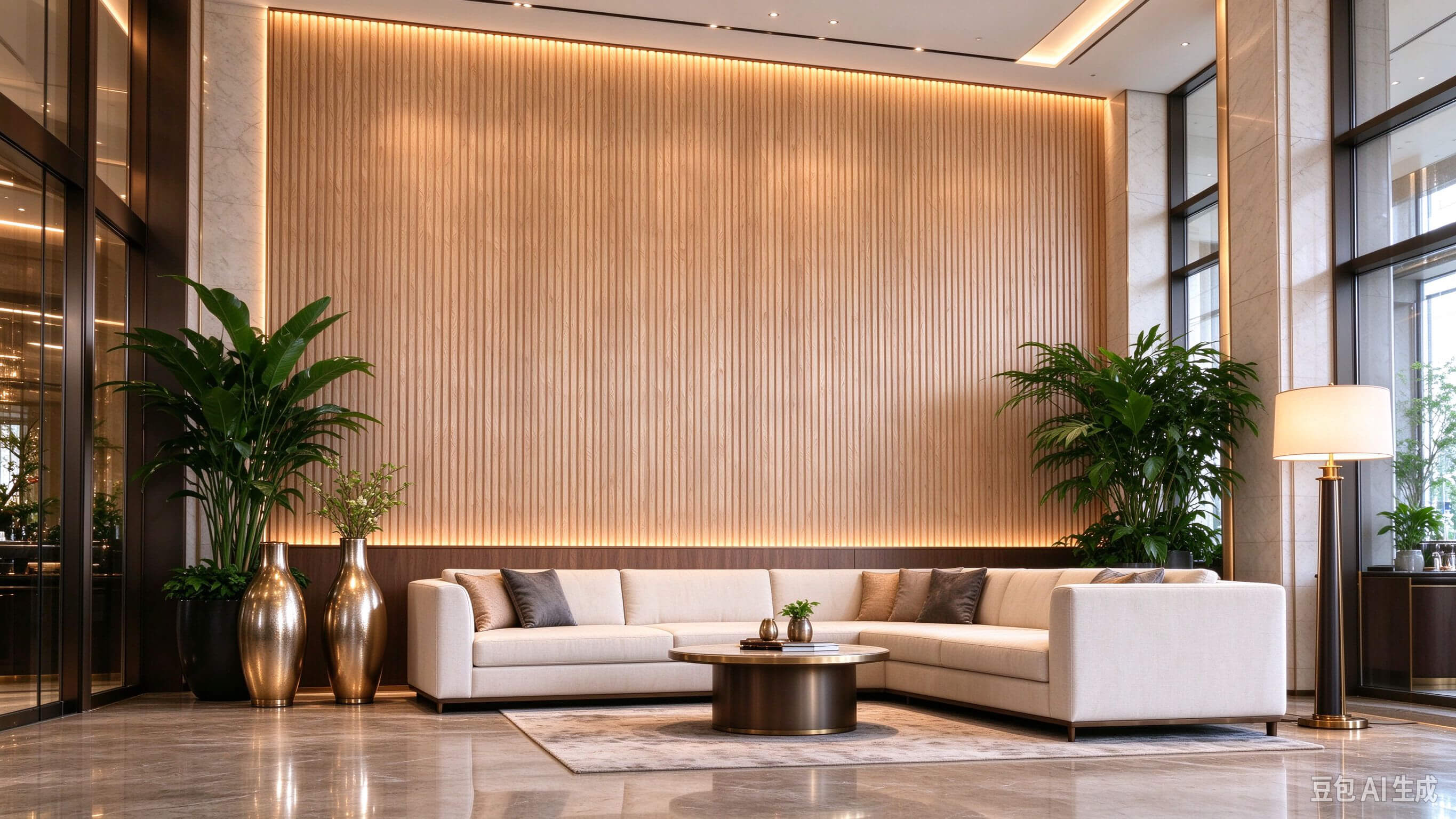 PVC Coated MDF Wall Panels in Luxury Hotel Lobby Interior