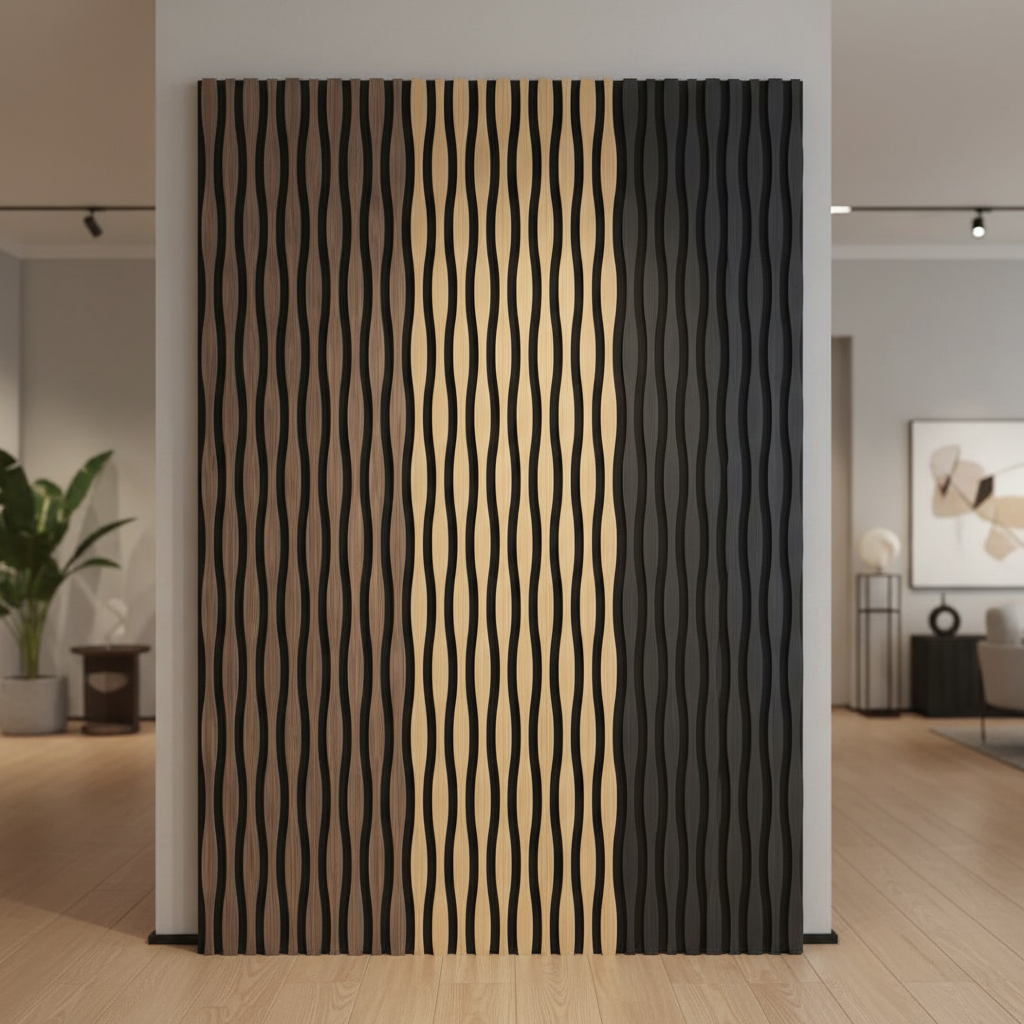 Modern Living Room with 3D Wave Acoustic Wood Feature Wall